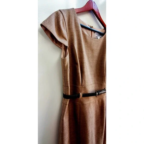 Jessica Howard Dress 12 Brown Belt Cap Sleeve Tweed Tan/Brown Sheath Poly Lined - Picture 8 of 13